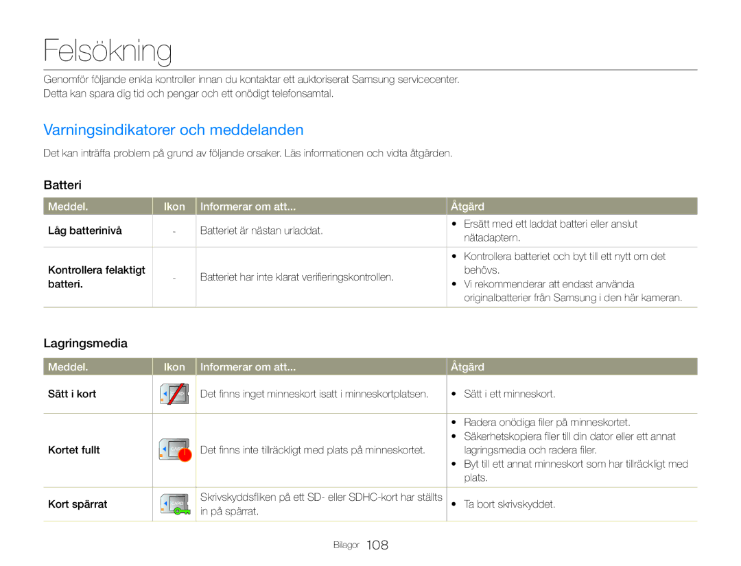 Samsung HMX-QF20BP/EDC, HMX-Q20BP/EDC manual Felsökning, Varningsindikatorer och meddelanden, Batteri, Lagringsmedia 