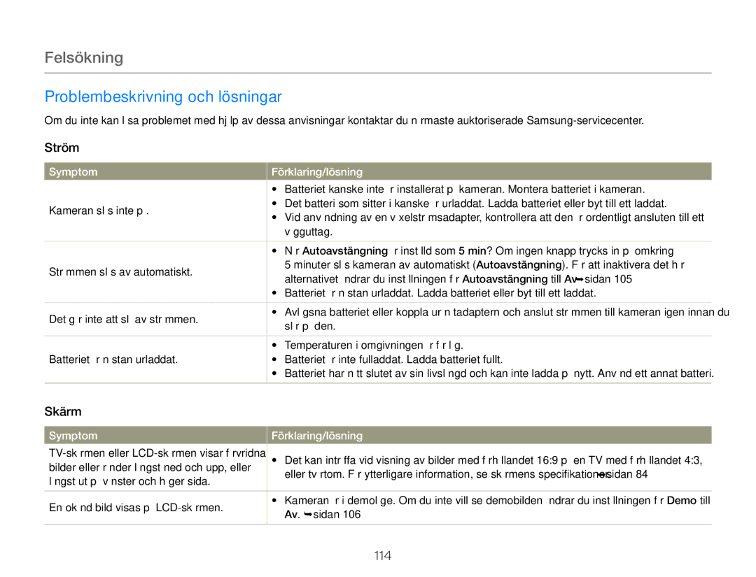 Samsung HMX-QF20BP/EDC, HMX-Q20BP/EDC manual Problembeskrivning och lösningar, Skärm 