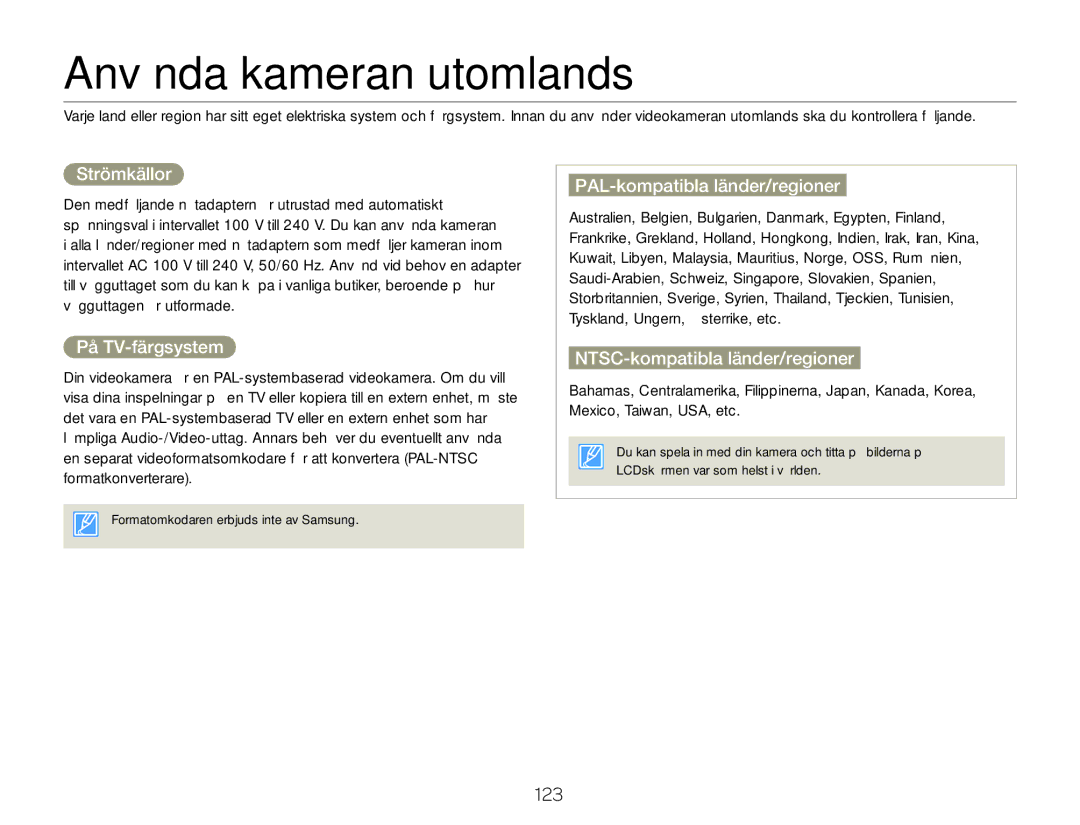 Samsung HMX-Q20BP/EDC manual Använda kameran utomlands, Strömkällor, På TV-färgsystem, PAL-kompatibla länder/regioner 