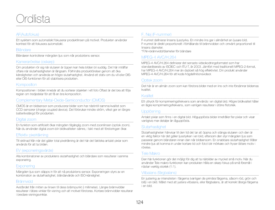 Samsung HMX-QF20BP/EDC, HMX-Q20BP/EDC manual Ordlista, AFAutofokus 