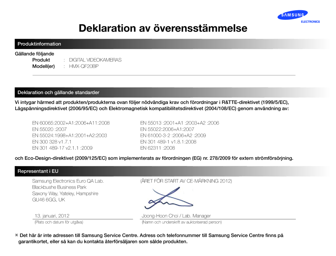 Samsung HMX-QF20BP/EDC, HMX-Q20BP/EDC manual Deklaration av överensstämmelse, Samsung Electronics Euro QA Lab 