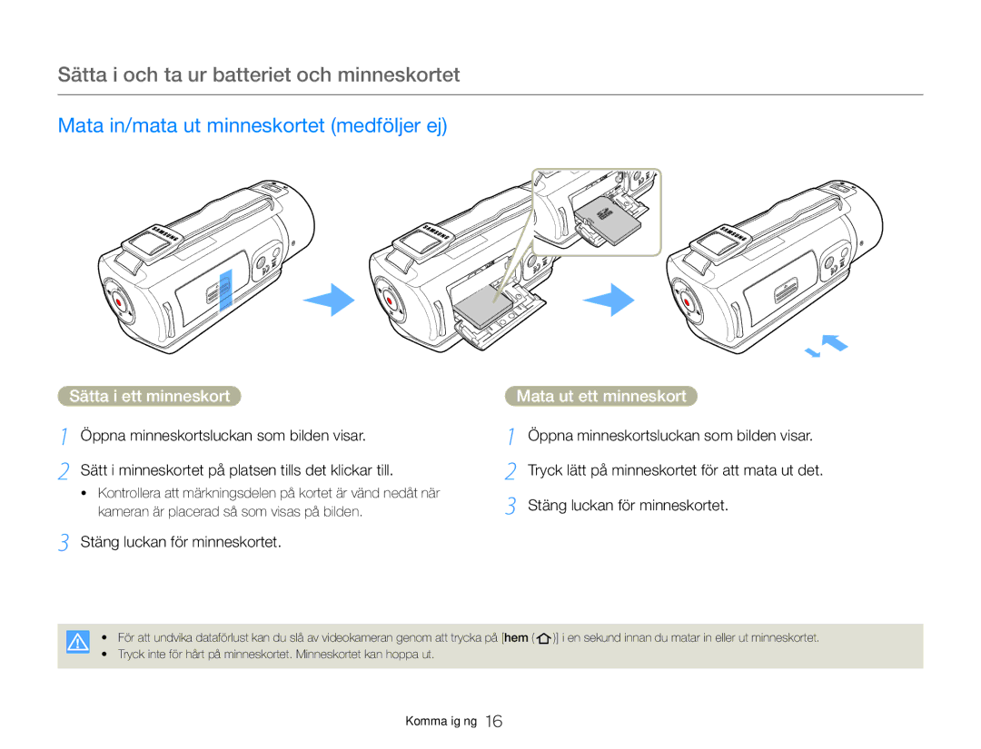 Samsung HMX-QF20BP/EDC manual Sätta i och ta ur batteriet och minneskortet, Mata in/mata ut minneskortet medföljer ej 