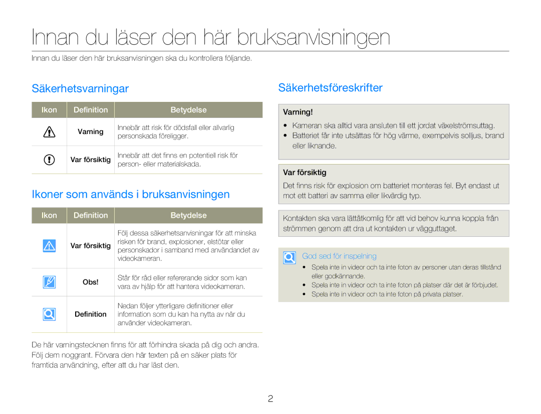 Samsung HMX-QF20BP/EDC Innan du läser den här bruksanvisningen, Säkerhetsvarningar, Ikoner som används i bruksanvisningen 