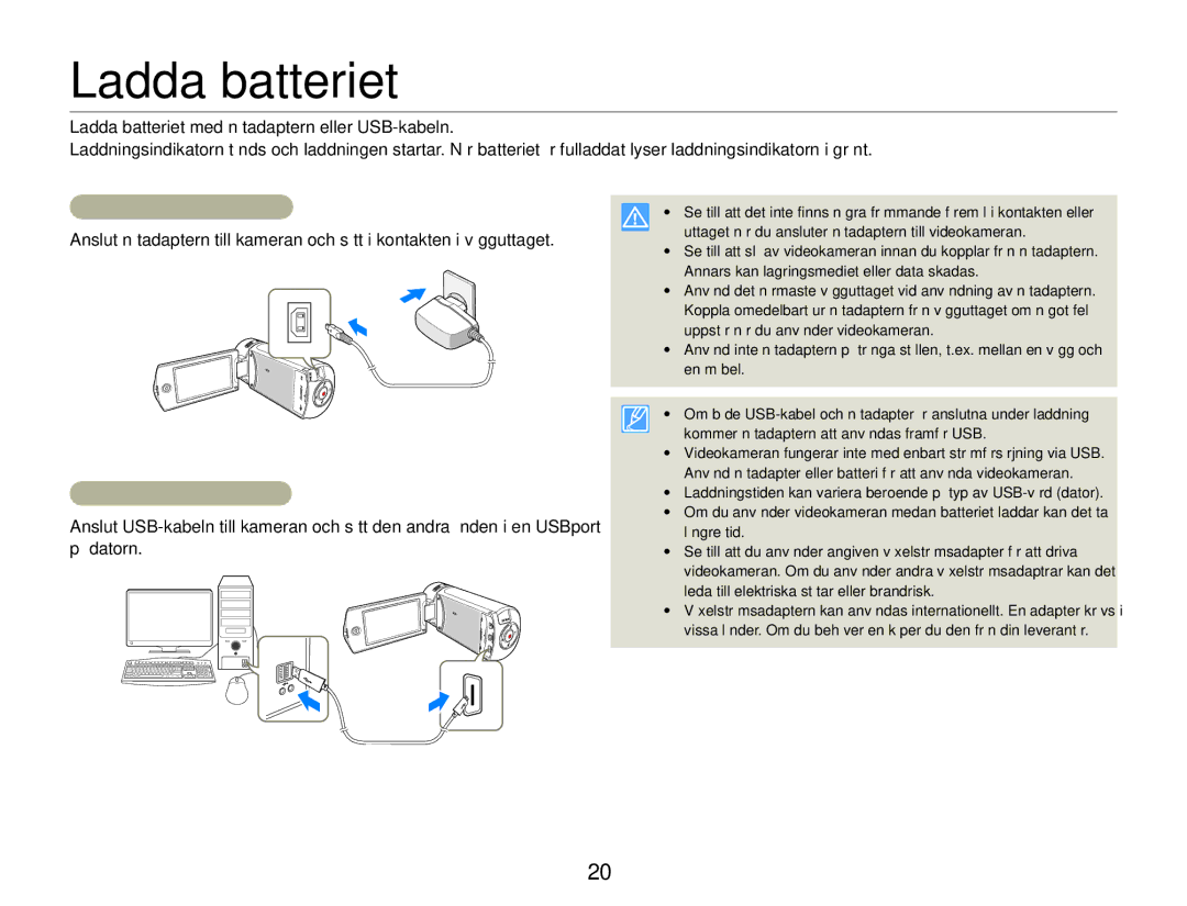 Samsung HMX-QF20BP/EDC, HMX-Q20BP/EDC manual Ladda batteriet, Använda nätadaptern, Använda USB-kabeln 