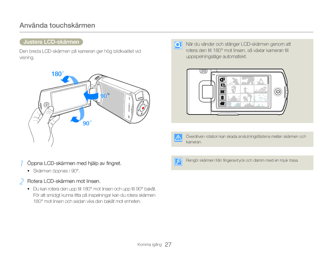 Samsung HMX-Q20BP/EDC manual Justera LCD-skärmen, Öppna LCD-skärmen med hjälp av fingret, Rotera LCD-skärmen mot linsen 