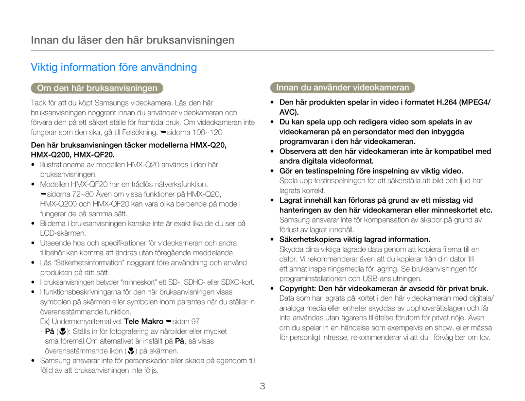 Samsung HMX-Q20BP/EDC, HMX-QF20BP/EDC manual Innan du läser den här bruksanvisningen, Viktig information före användning 