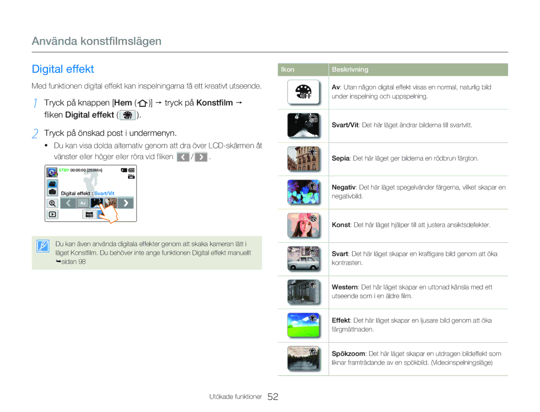 Samsung HMX-QF20BP/EDC, HMX-Q20BP/EDC manual Använda konstfilmslägen, Digital effekt 