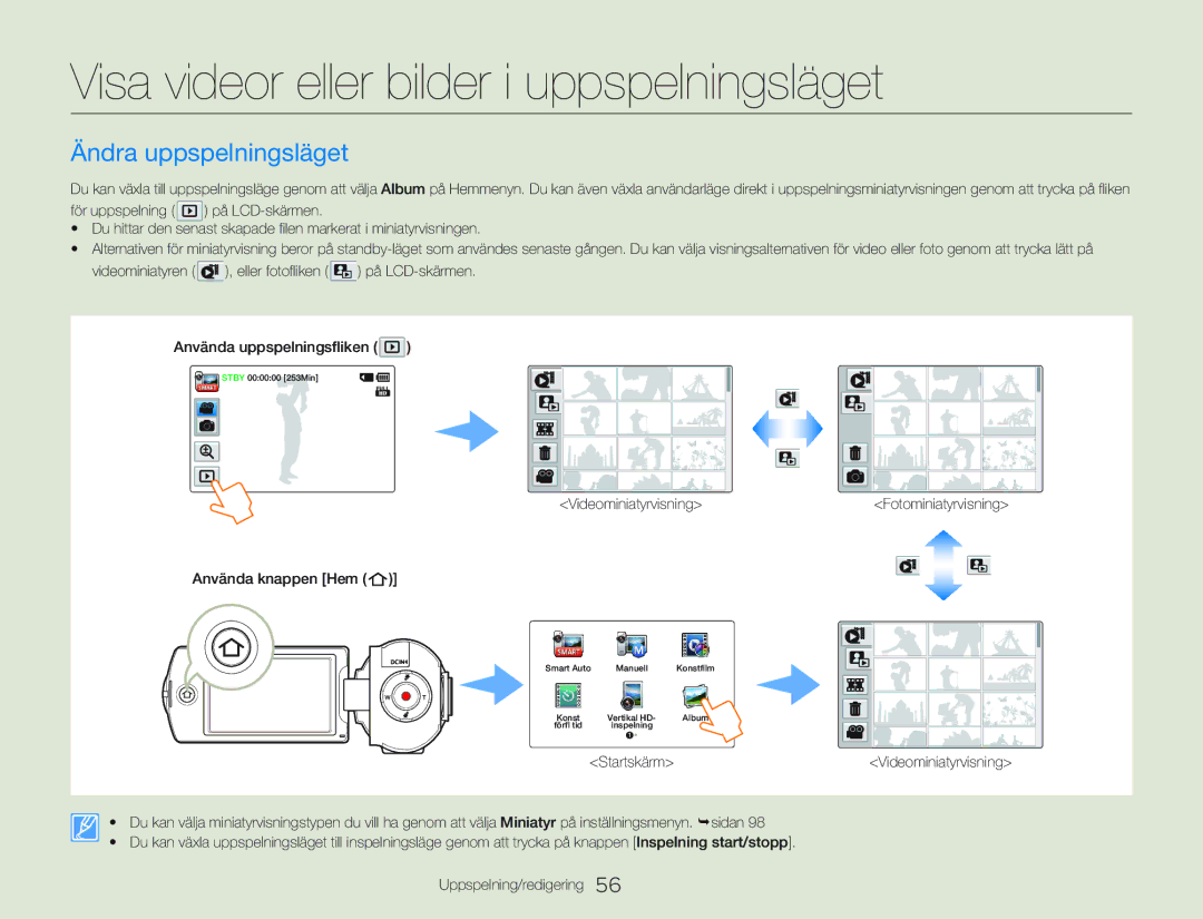 Samsung HMX-QF20BP/EDC, HMX-Q20BP/EDC manual Visa videor eller bilder i uppspelningsläget, Ändra uppspelningsläget 