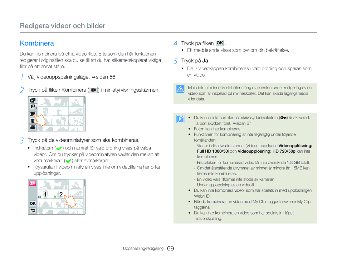 Samsung HMX-Q20BP/EDC, HMX-QF20BP/EDC manual Kombinera, Tryck på fliken 