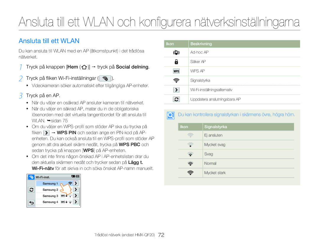 Samsung HMX-QF20BP/EDC manual Ansluta till ett Wlan, Tryck på knappen Hem p tryck på Social delning, Tryck på en AP 