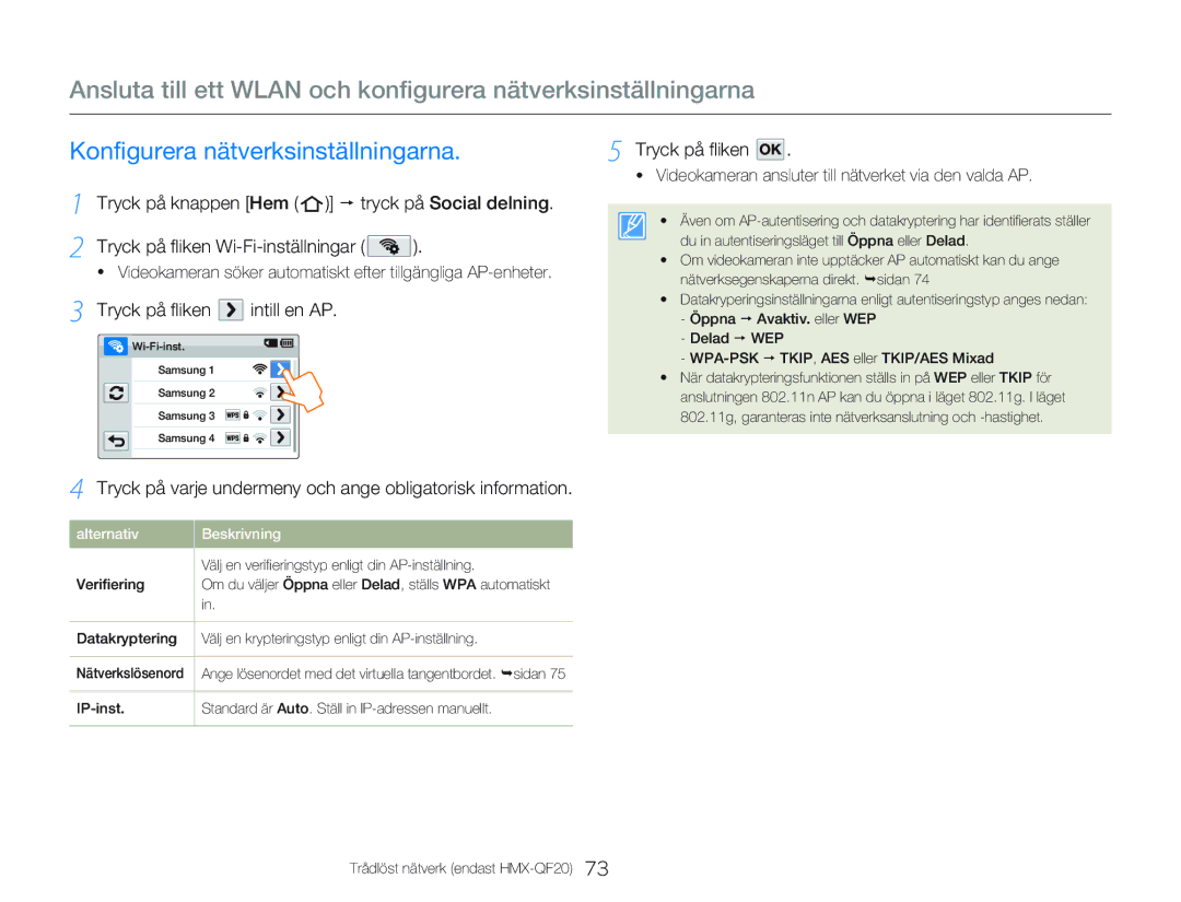 Samsung HMX-Q20BP/EDC, HMX-QF20BP/EDC manual Konfigurera nätverksinställningarna, Tryck på fliken intill en AP 