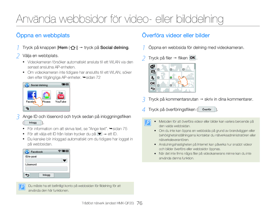 Samsung HMX-QF20BP/EDC Använda webbsidor för video- eller bilddelning, Öppna en webbplats, Överföra videor eller bilder 