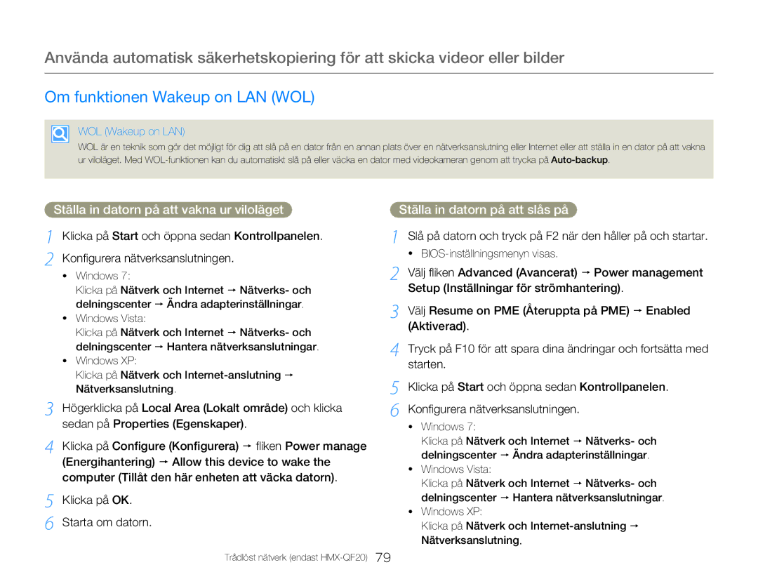 Samsung HMX-Q20BP/EDC manual Om funktionen Wakeup on LAN WOL, Ställa in datorn på att vakna ur viloläget, WOL Wakeup on LAN 