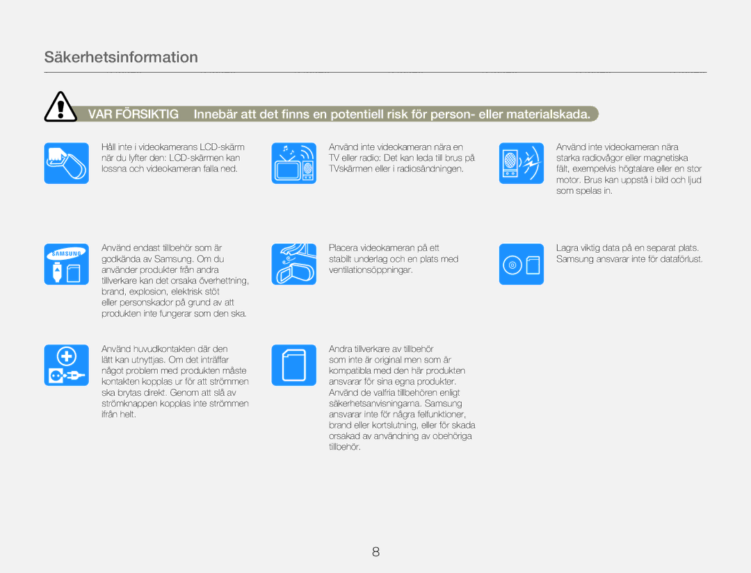 Samsung HMX-QF20BP/EDC, HMX-Q20BP/EDC manual Säkerhetsinformation 