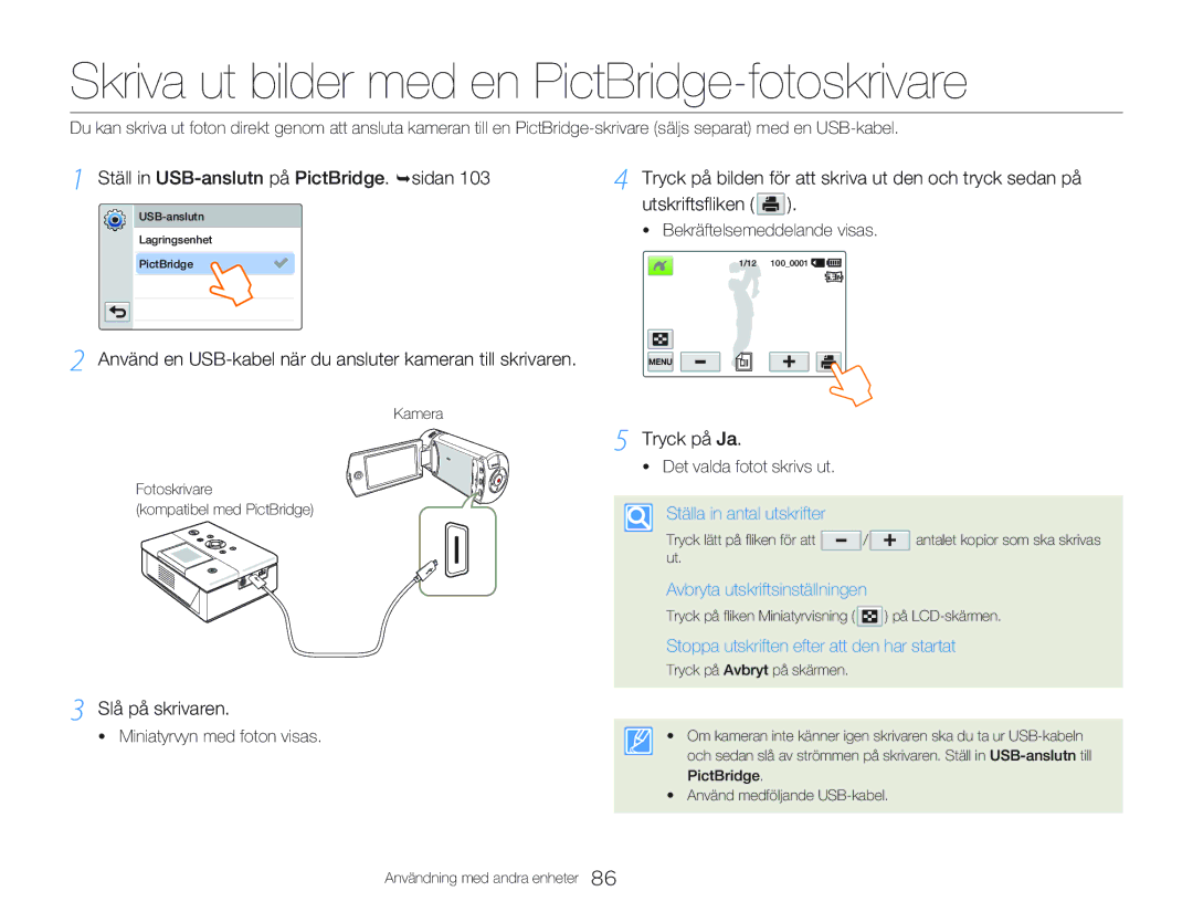 Samsung HMX-QF20BP/EDC manual Skriva ut bilder med en PictBridge-fotoskrivare, Ställ in USB-anslutn på PictBridge. ¬sidan 