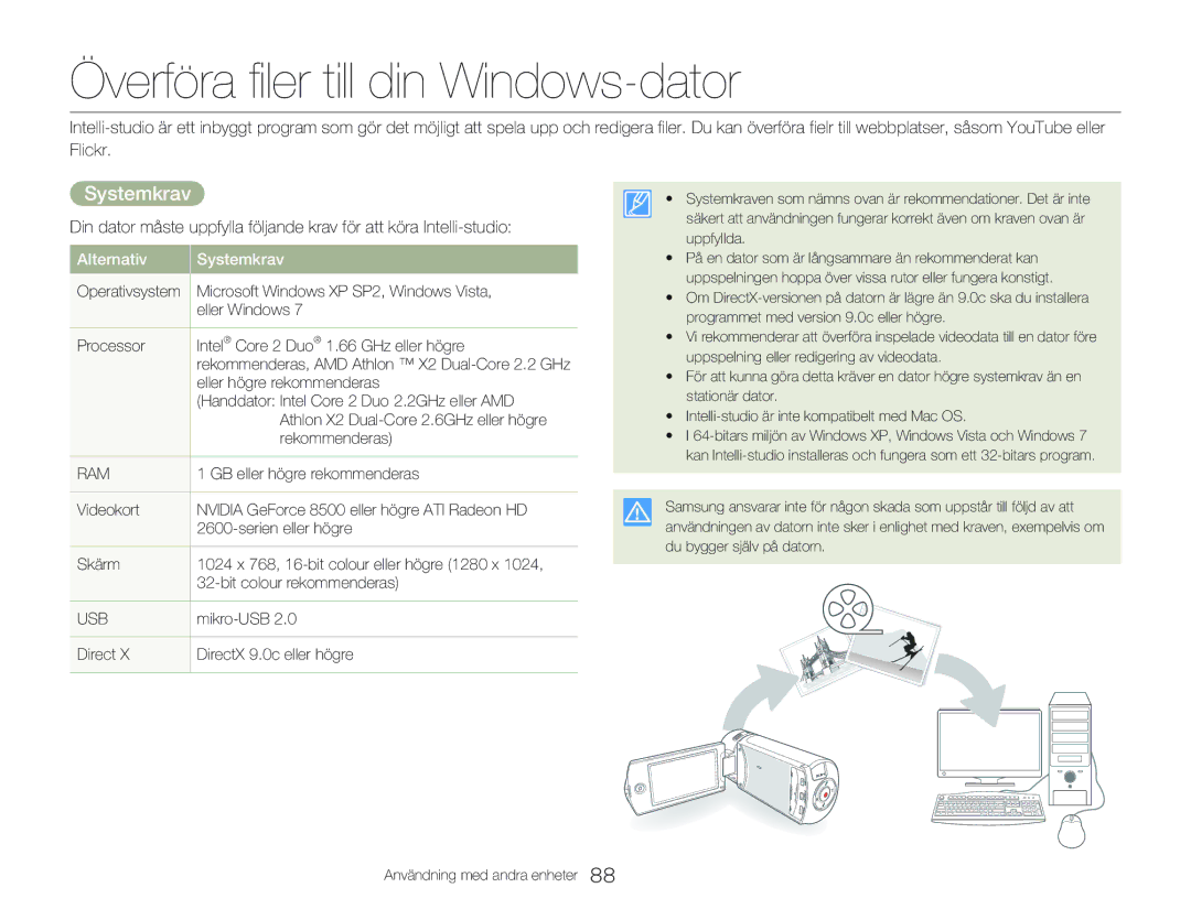 Samsung HMX-QF20BP/EDC, HMX-Q20BP/EDC manual Överföra filer till din Windows-dator, Systemkrav 