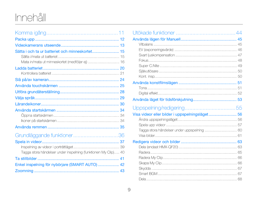 Samsung HMX-Q20BP/EDC Innehåll, Sätta i och ta ur batteriet och minneskortet, Enkel inspelning för nybörjare Smart Auto 