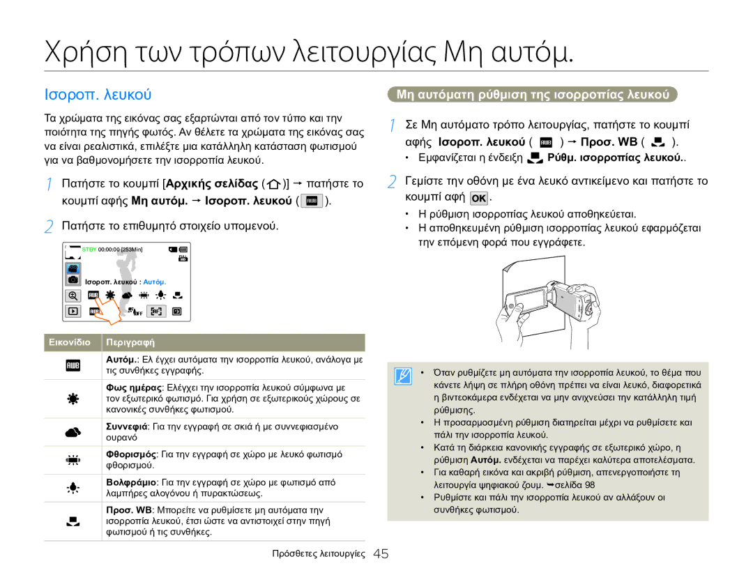 Samsung HMX-Q20BP/EDC Χρήση των τρόπων λειτουργίας Μη αυτόμ, Ισοροπ. λευκού, Μη αυτόματη ρύθμιση της ισορροπίας λευκού 