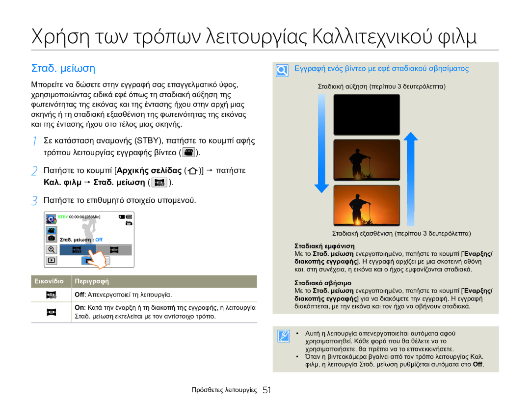 Samsung HMX-Q20BP/EDC Καλ. φιλμ  Σταδ. μείωση, Εγγραφή ενός βίντεο με εφέ σταδιακού σβησίματος, Σταδιακή εμφάνιση 