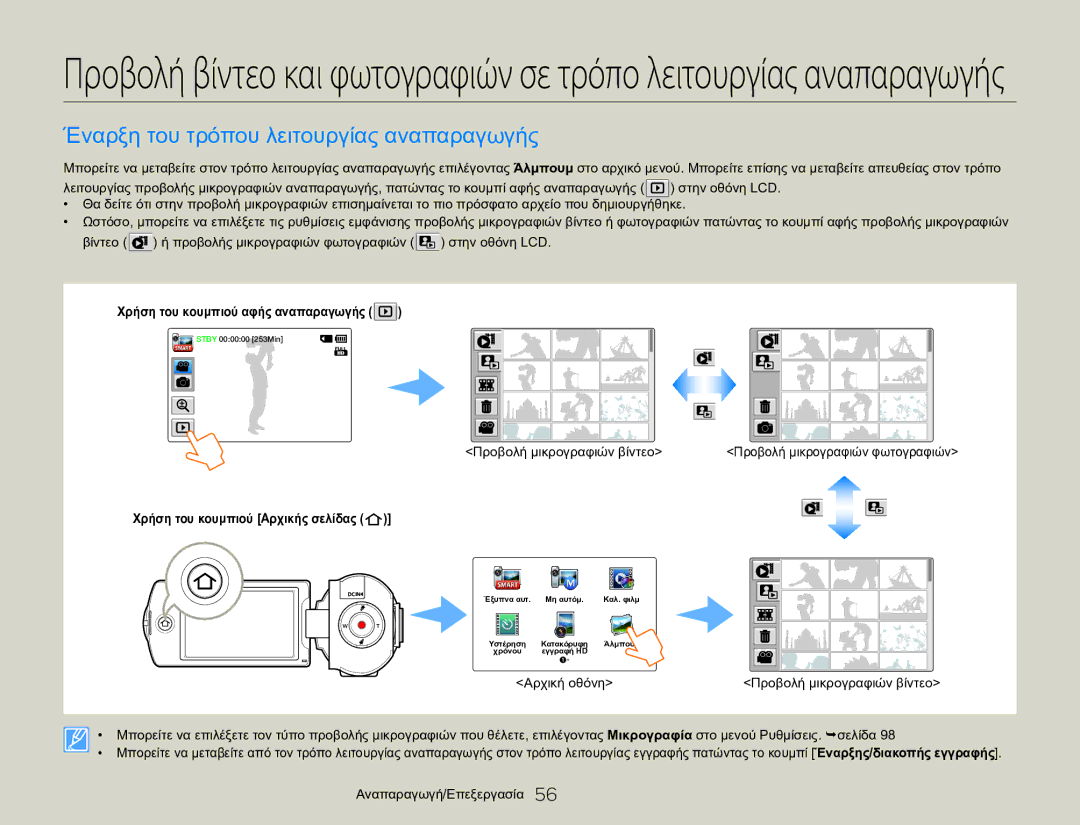 Samsung HMX-QF20BP/EDC Έναρξη του τρόπου λειτουργίας αναπαραγωγής, Χρήση του κουμπιού αφής αναπαραγωγής, Αρχική οθόνη 