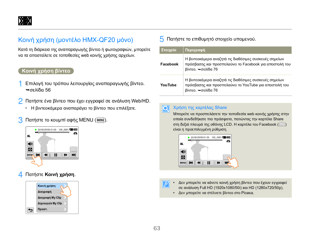 Samsung HMX-Q20BP/EDC manual Επεξεργασία βίντεο και φωτογραφιών, Κοινή χρήση μοντέλο HMX-QF20 μόνο, Κοινή χρήση βίντεο 