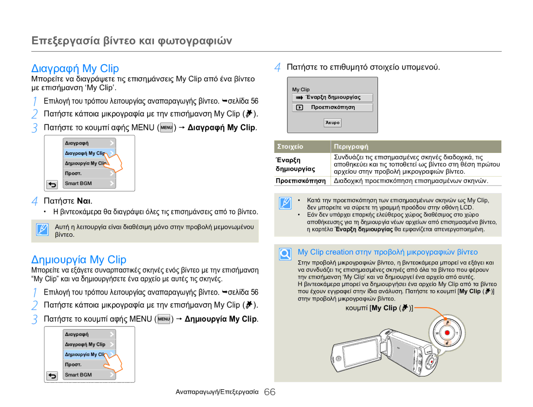 Samsung HMX-QF20BP/EDC manual Διαγραφή My Clip, Δημιουργία My Clip, My Clip creation στην προβολή μικρογραφιών βίντεο 