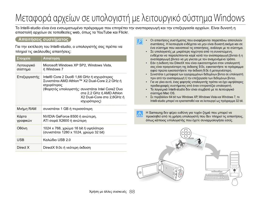 Samsung HMX-QF20BP/EDC, HMX-Q20BP/EDC manual Απαιτήσεις συστήματος, Στοιχεία Απαίτηση, Στα 2,2 GHz ή AMD Athlon, Καλώδιο USB 