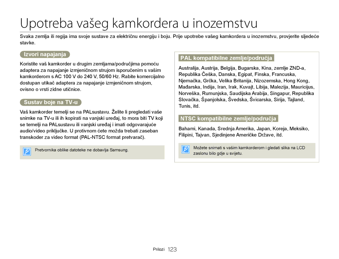 Samsung HMX-Q20BP/EDC, HMX-QF20BP/EDC manual Upotreba vašeg kamkordera u inozemstvu, Izvori napajanja, Sustav boje na TV-u 