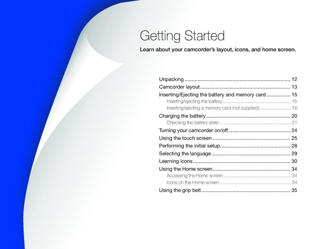 Samsung HMX-QF30BP/XEK, HMX-QF30BP/EDC manual Getting Started, Learn about your camcorder’s layout, icons, and home screen 