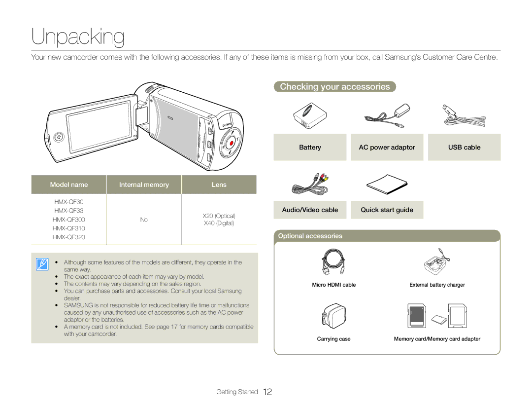 Samsung HMX-QF30BP/XER, HMX-QF30BP/EDC, HMX-QF30WP/EDC, HMX-QF30BP/XIL, HMX-QF30WP/XIL Unpacking, Checking your accessories 