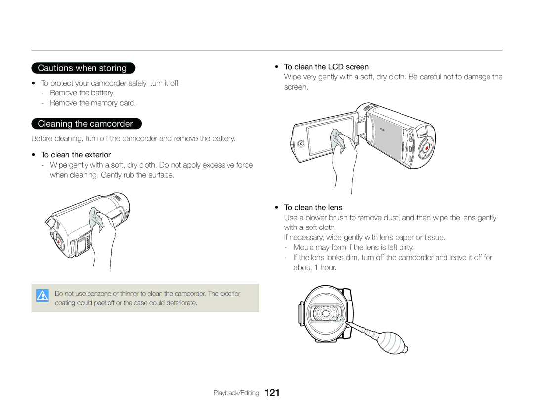 Samsung HMX-QF30BP/XIL, HMX-QF30BP/EDC, HMX-QF30WP/EDC, HMX-QF30WP/XIL, HMX-QF30BP/XEK Maintenance, Cleaning the camcorder 