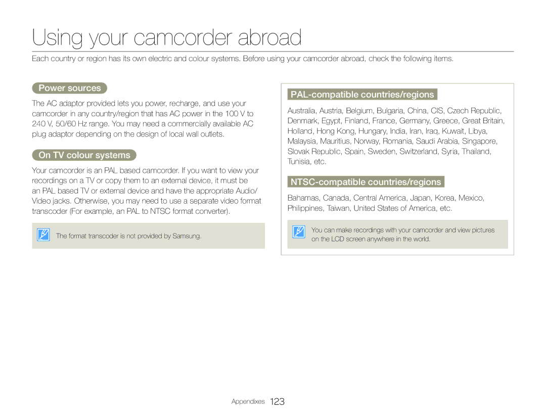 Samsung HMX-QF30BP/XEK Using your camcorder abroad, Power sources, On TV colour systems, PAL-compatible countries/regions 