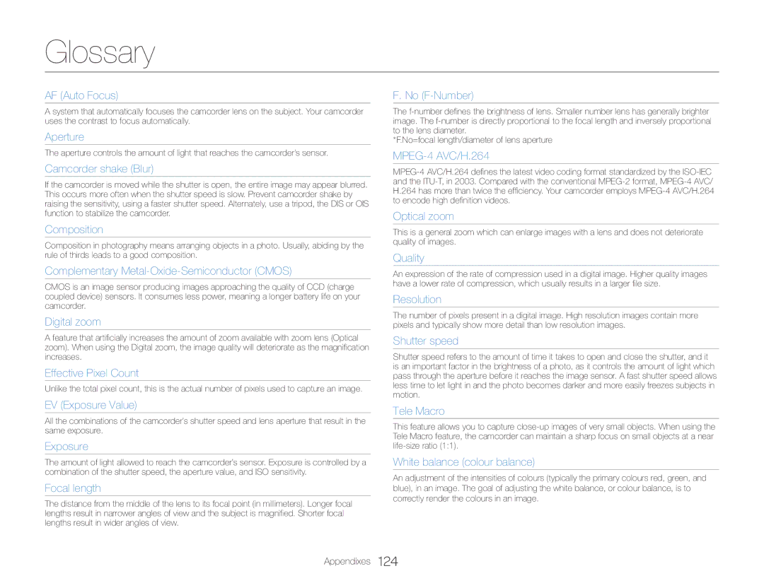 Samsung HMX-QF30BP/XER, HMX-QF30BP/EDC, HMX-QF30WP/EDC, HMX-QF30BP/XIL, HMX-QF30WP/XIL, HMX-QF30BP/XEK Glossary, AF Auto Focus 