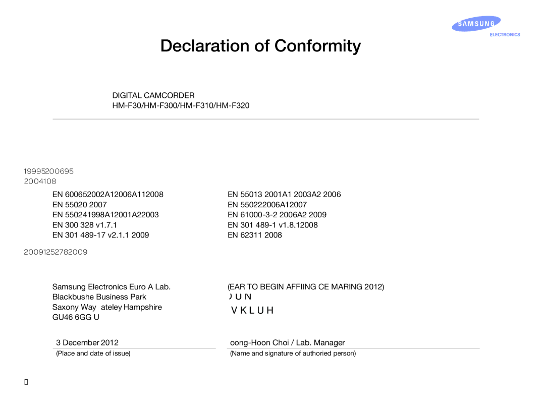 Samsung HMX-QF30BP/EDC, HMX-QF30WP/EDC, HMX-QF30BP/XIL manual Declaration of Conformity, Samsung Electronics Euro QA Lab 