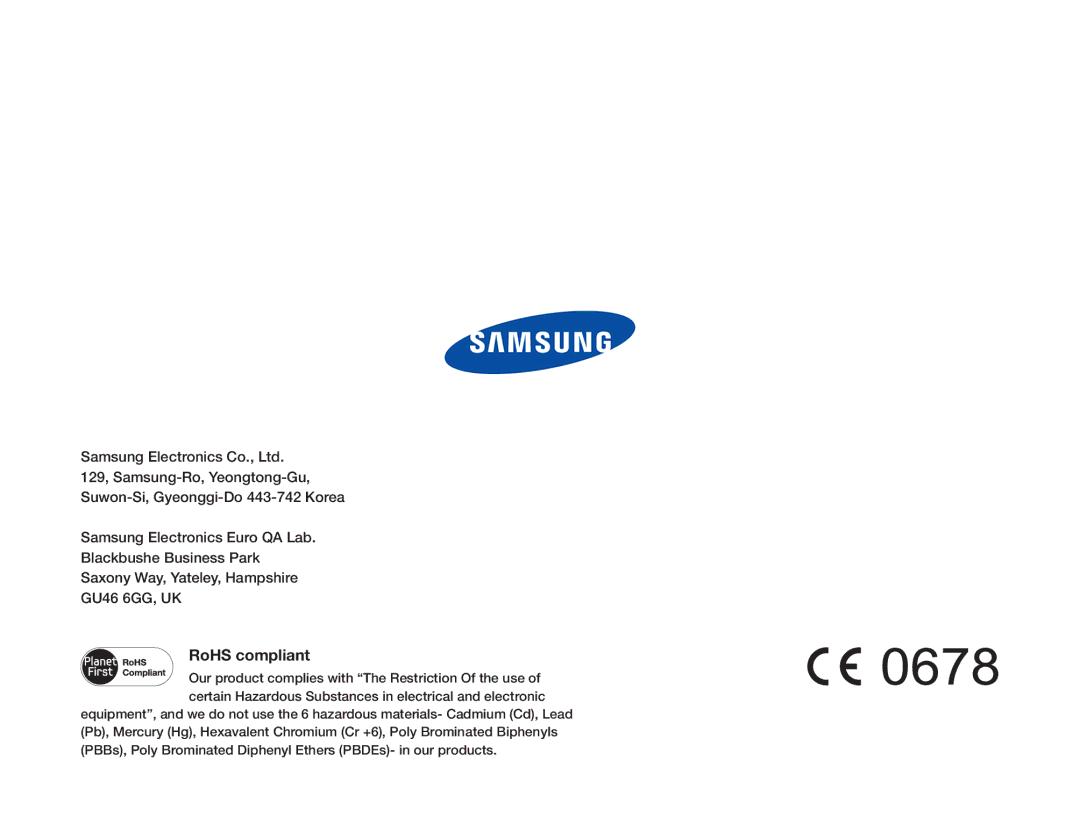 Samsung HMX-QF30WP/XER, HMX-QF30BP/EDC, HMX-QF30WP/EDC, HMX-QF30BP/XIL, HMX-QF30WP/XIL, HMX-QF30BP/XEK manual RoHS compliant 