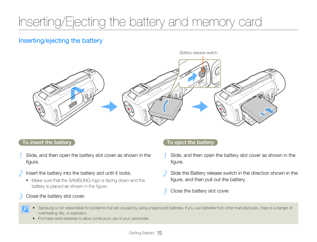 Samsung HMX-QF30WP/EDC, HMX-QF30BP/EDC manual Inserting/Ejecting the battery and memory card, Inserting/ejecting the battery 