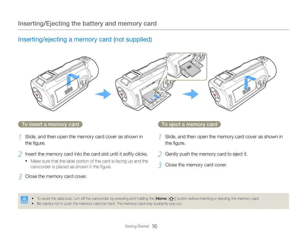 Samsung HMX-QF30BP/XIL manual Inserting/Ejecting the battery and memory card, Inserting/ejecting a memory card not supplied 