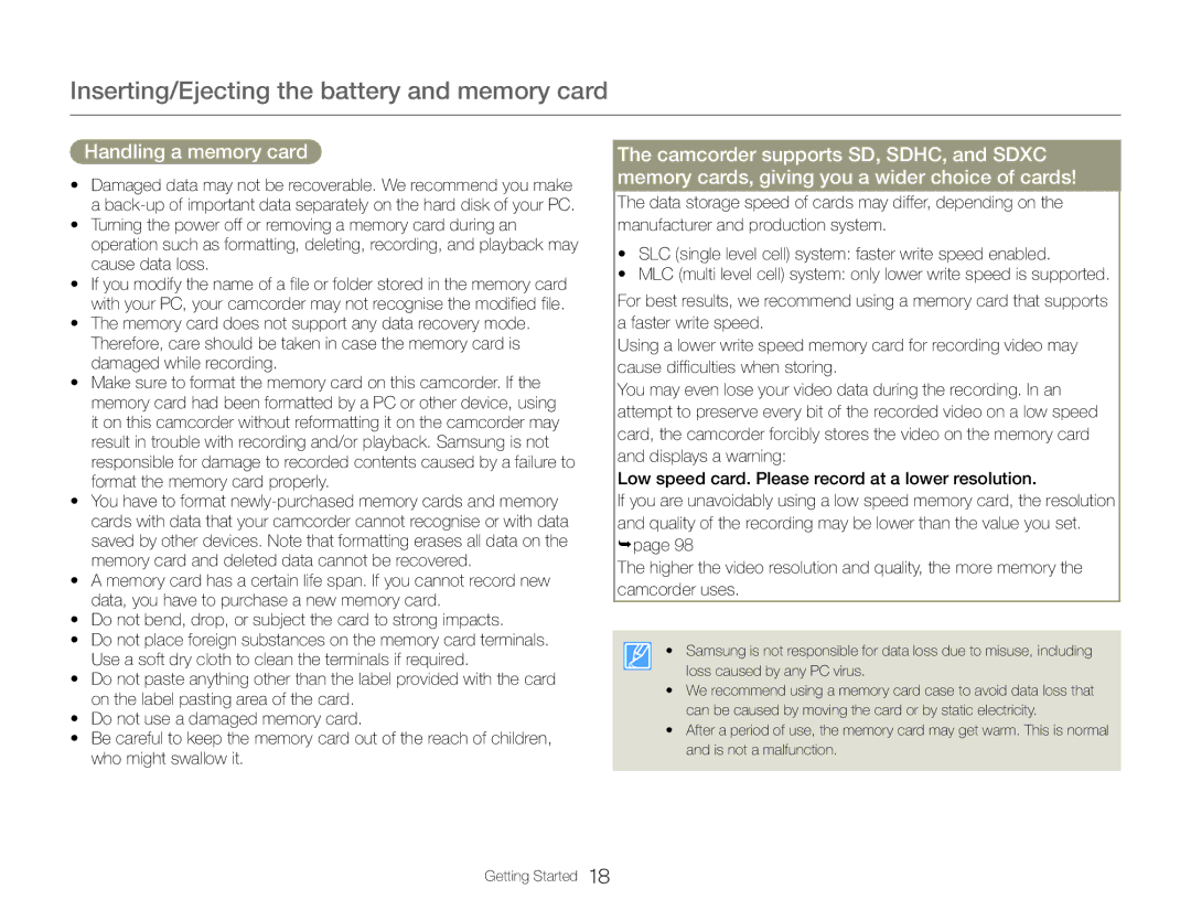 Samsung HMX-QF30BP/XEK, HMX-QF30BP/EDC Handling a memory card, Do not bend, drop, or subject the card to strong impacts 