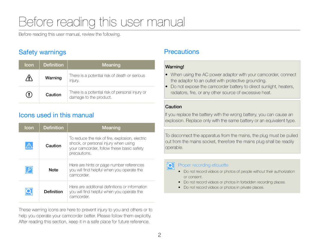 Samsung HMX-QF30BP/XIL, HMX-QF30BP/EDC Safety warnings, Icons used in this manual, Precautions, Proper recording etiquette 