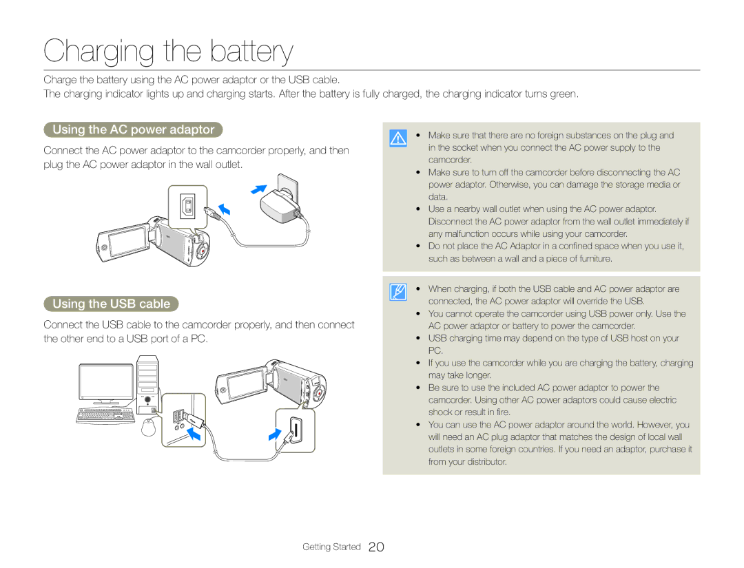 Samsung HMX-QF30WP/XER, HMX-QF30BP/EDC manual Charging the battery, Using the AC power adaptor, Using the USB cable 