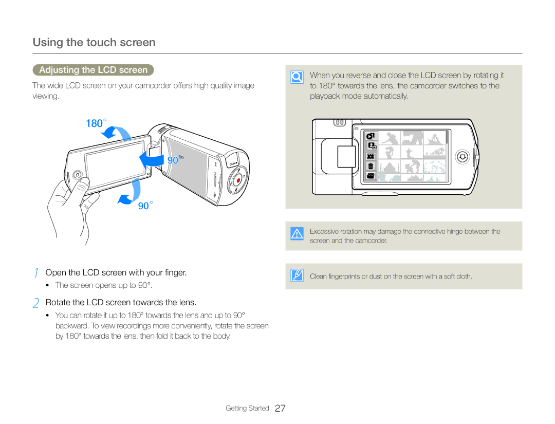 Samsung HMX-QF30WP/XER, HMX-QF30BP/EDC Adjusting the LCD screen, Open the LCD screen with your finger, Screen opens up to 