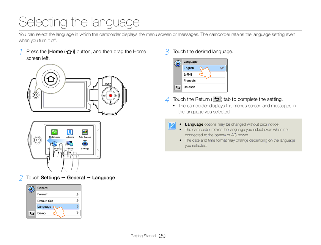 Samsung HMX-QF30WP/EDC, HMX-QF30BP/EDC Selecting the language, Press the Home button, and then drag the Home screen left 