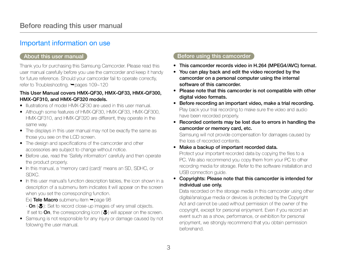 Samsung HMX-QF30WP/XIL, HMX-QF30BP/EDC, HMX-QF30WP/EDC manual Important information on use, Before using this camcorder 