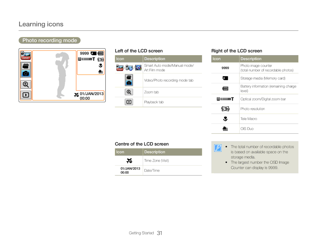 Samsung HMX-QF30WP/XIL, HMX-QF30BP/EDC, HMX-QF30WP/EDC, HMX-QF30BP/XIL, HMX-QF30BP/XEK Learning icons, Photo recording mode 