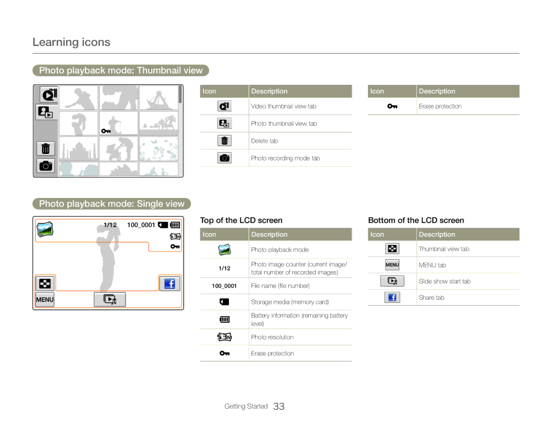 Samsung HMX-QF30BP/XER, HMX-QF30BP/EDC, HMX-QF30WP/EDC Photo playback mode Thumbnail view, Photo playback mode Single view 