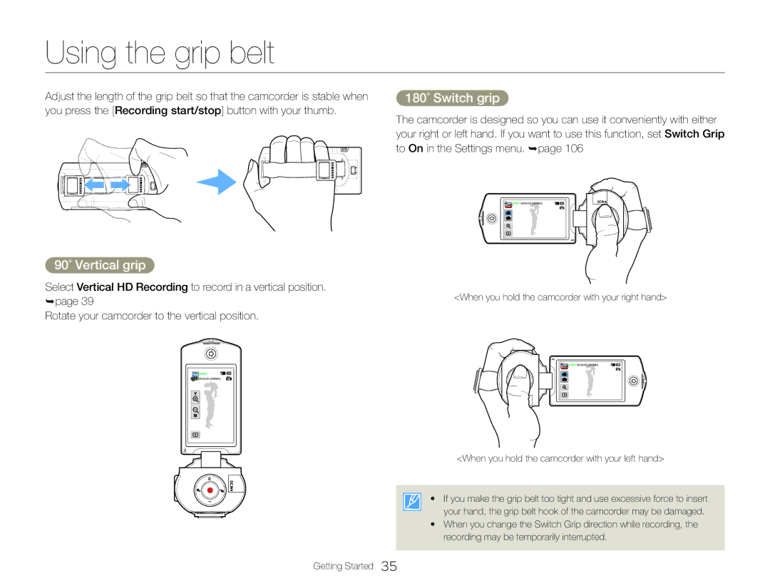 Samsung HMX-QF30BP/EDC, HMX-QF30WP/EDC, HMX-QF30BP/XIL manual Using the grip belt, 180˚ Switch grip, 90˚ Vertical grip 