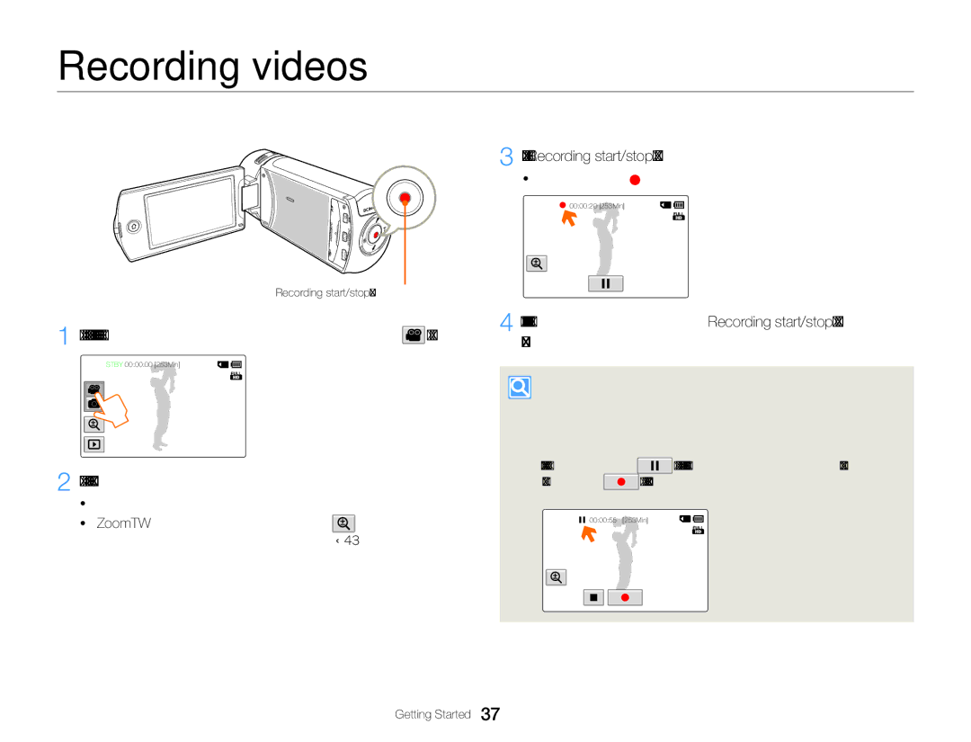 Samsung HMX-QF30BP/XIL manual Recording videos, Stby mode, touch the Video recording mode tab, Select a subject to record 