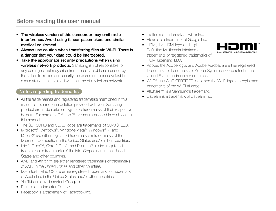 Samsung HMX-QF30BP/XEK, HMX-QF30BP/EDC, HMX-QF30WP/EDC, HMX-QF30BP/XIL, HMX-QF30WP/XIL, HMX-QF30BP/XER, HMX-QF30WP/XER manual 