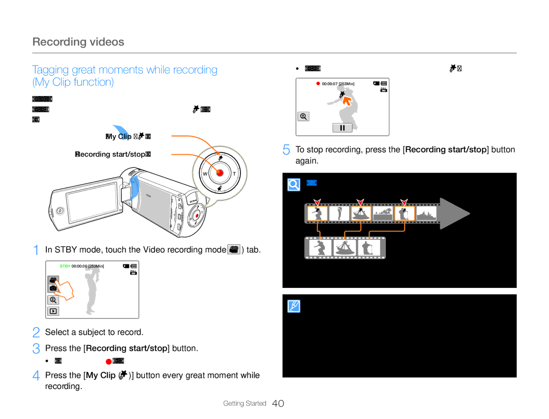 Samsung HMX-QF30BP/XER Tagging great moments while recording My Clip function, Again, Understanding the My Clip function 