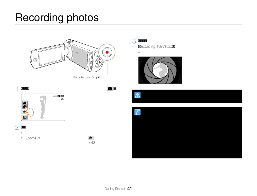 Samsung HMX-QF30WP/XER, HMX-QF30BP/EDC, HMX-QF30WP/EDC manual Recording photos, Stby mode, touch the Photo recording mode tab 